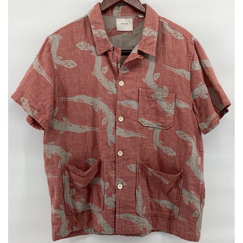 Billy Reid Shirt Mens L Salmon Pink Fish Gar Pint Short Sleeve Button Up